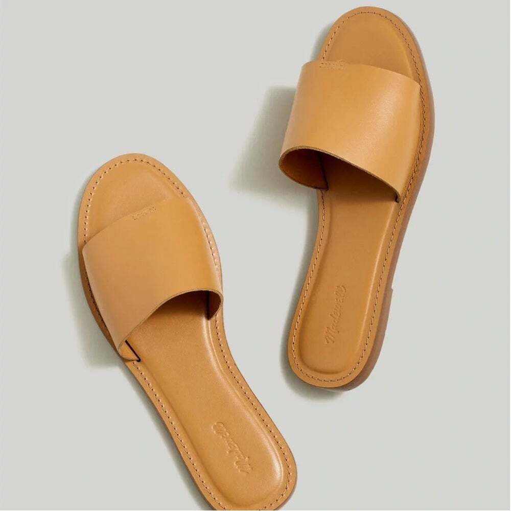 Madewell Boardwalk Post Slide Sandals Desert Camel Leather Size 9.5